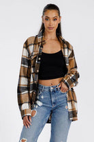 Brown boyfriend flannel shacket from WEIV featuring a relaxed fit and checkered pattern