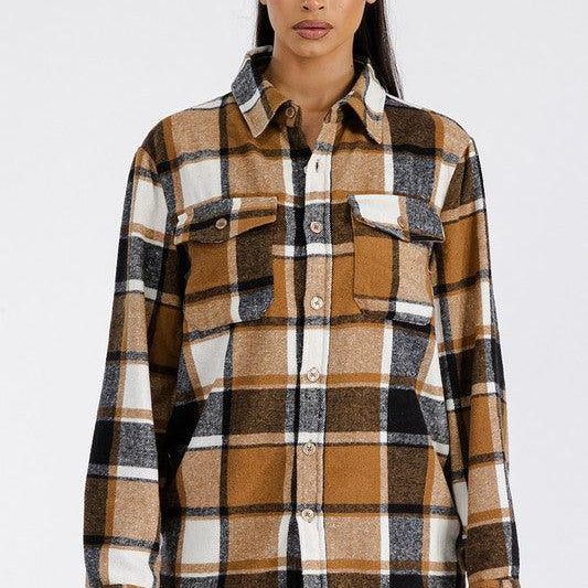 Women's Shirts - Shackets Brown Boyfriend Oversized Soft Flannel Shacket