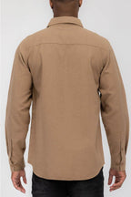 Back view of a WEIV brown flannel shirt for vacations with long sleeves and a relaxed fit
