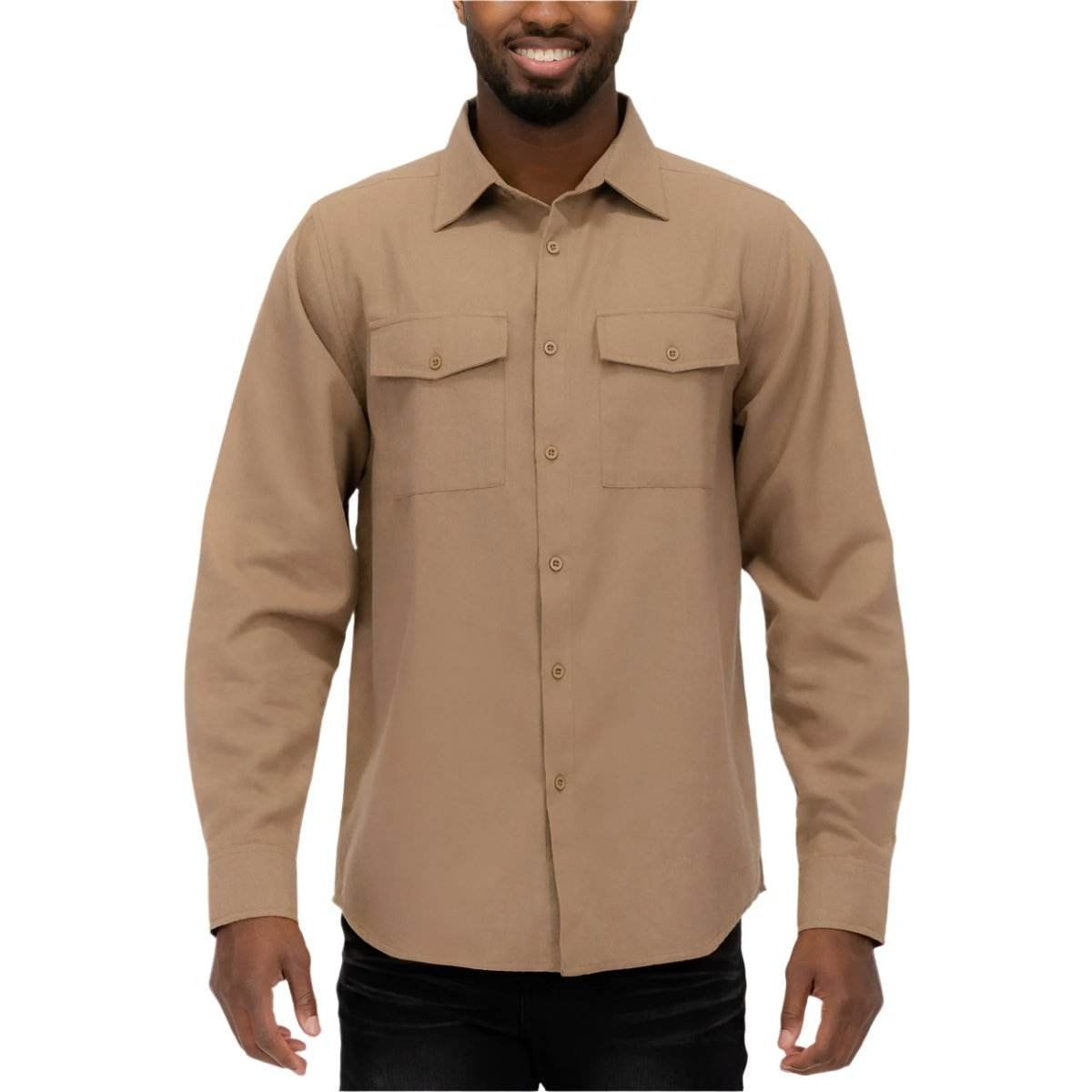 WEIV brown flannel shirt for vacations with button-down design and dual chest pockets