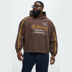 VacationGrabs brown graphic hoodie for men featuring yellow piping and a space-themed survival print