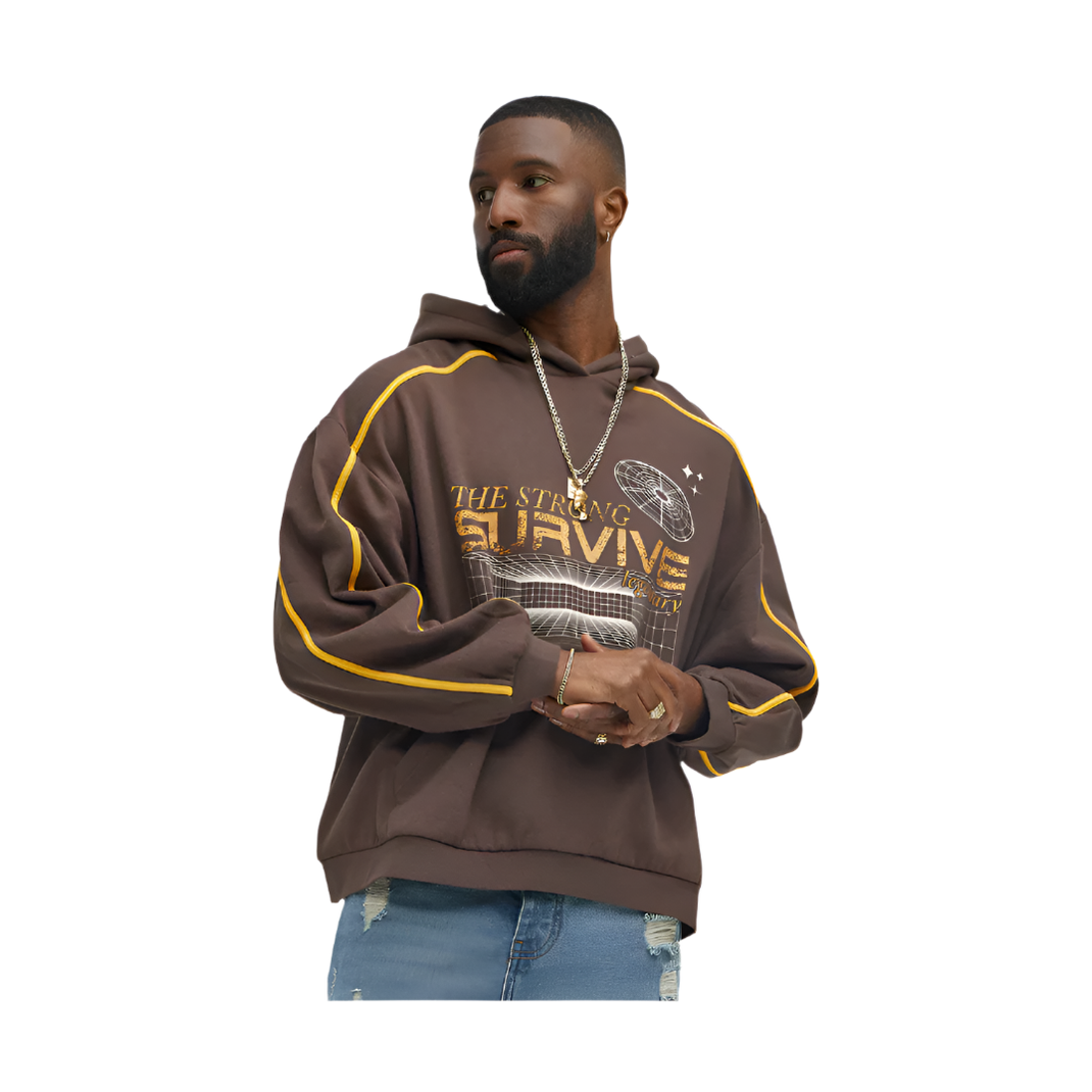 VacationGrabs brown graphic hoodie for men with yellow stripe accents and futuristic print design
