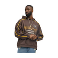 VacationGrabs brown graphic hoodie for men with yellow stripe accents and futuristic print design