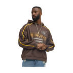 VacationGrabs brown graphic hoodie for men with yellow stripe accents and futuristic print design
