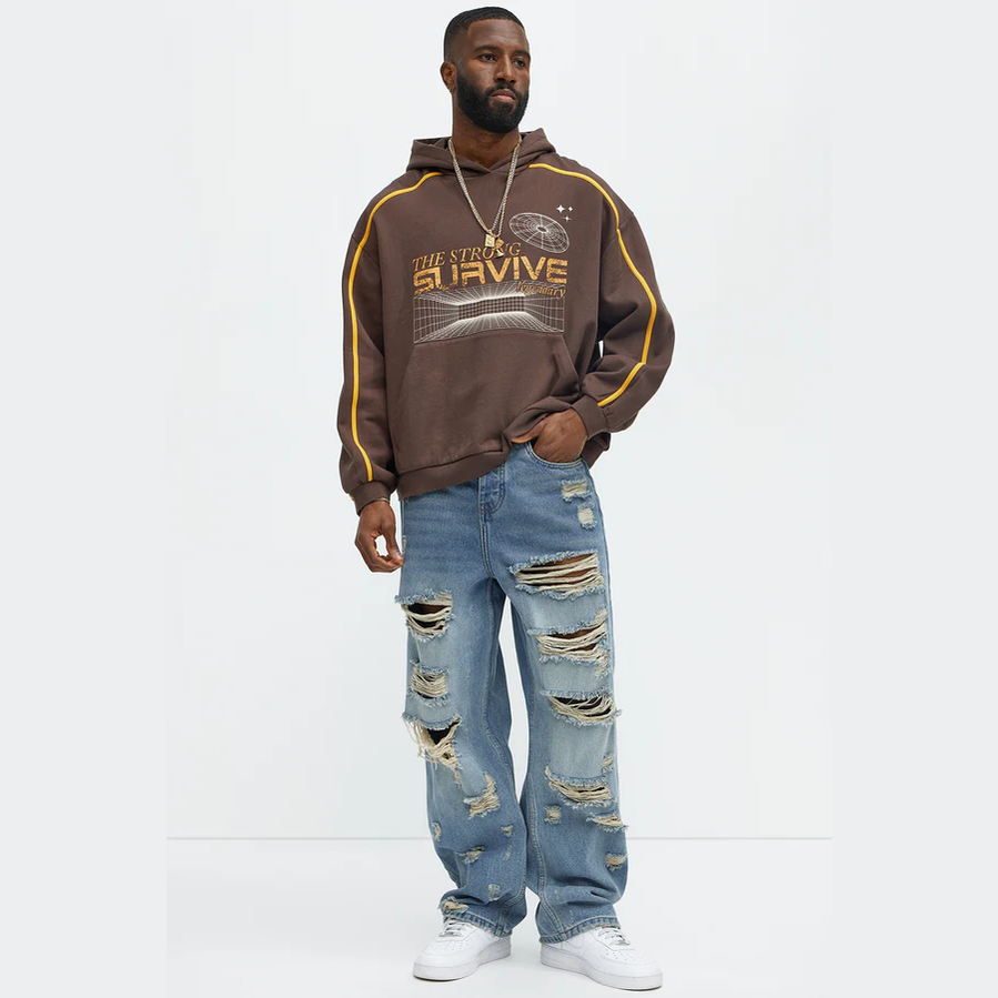Brown graphic hoodie for men by VacationGrabs with yellow piping and space-themed print