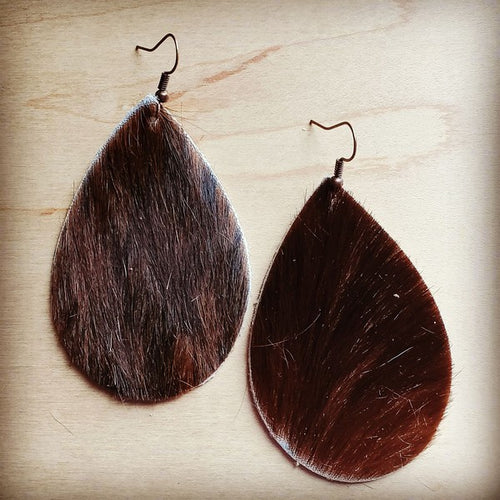 Brown hair on hide leather earrings in teardrop shape for a stylish look