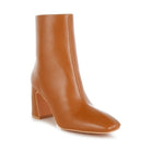 Stylish brown leather ankle boots for women with a sleek design and modern block heel