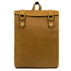 Stylish brown leather laptop backpack with classic design and secure buckle straps