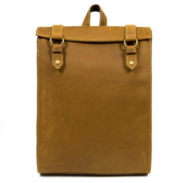 Stylish brown leather laptop backpack with classic design and secure buckle straps