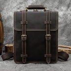 Brown leather laptop backpack with adjustable straps and sturdy design from VacationGrabs