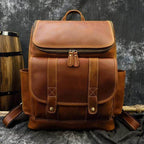 Brown leather laptop backpack with spacious compartments and sturdy straps from VacationGrabs