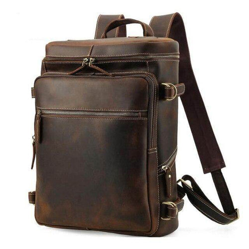 Brown leather laptop backpack with multiple compartments and adjustable straps for travel