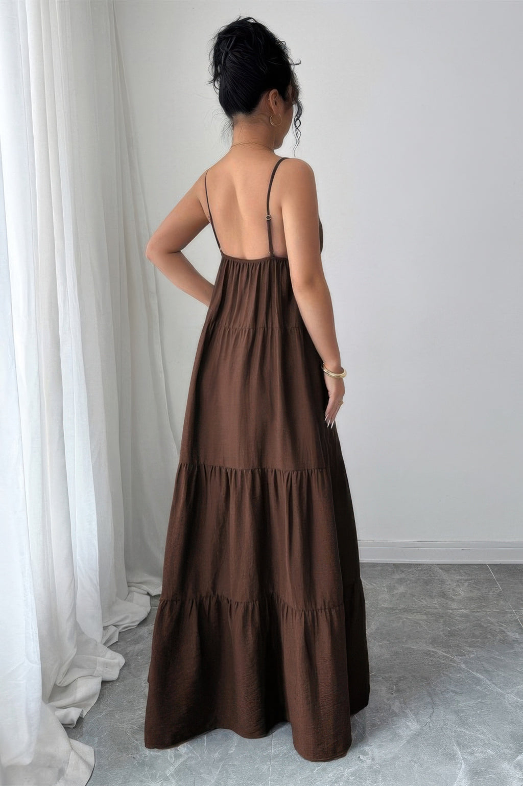 women's brown tiered maxi dress, perfect for summer outings