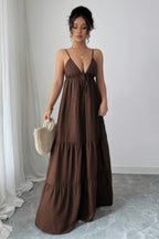 Brown linen tiered maxi dress for summer vacations and maxi dress