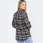Stylish women's brown plaid checkered flannel shirt with long sleeves and a relaxed fit