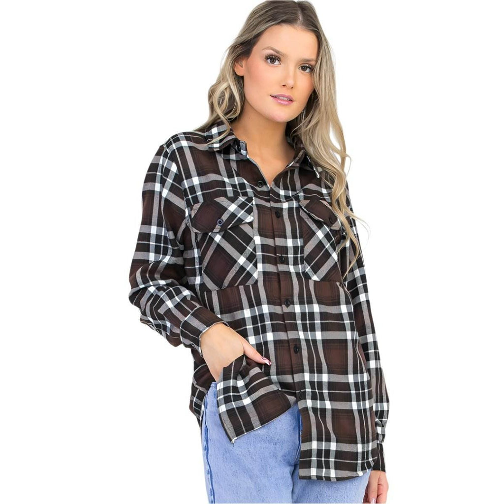 VacationGrabs Women's Brown Plaid Checkered Flannel Shirt with Button-Up Front and Two Chest Pockets