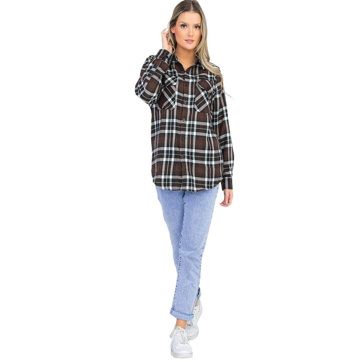 Brown plaid checkered flannel women's shirt styled with light blue jeans for a casual look