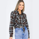Women's brown plaid checkered flannel shirt with a front knot and long sleeves