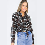 Women's brown plaid checkered flannel shirt with a front knot and long sleeves