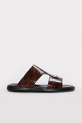 Brown Reptile-Textured Leather Double-Band Slides for Men – front view
