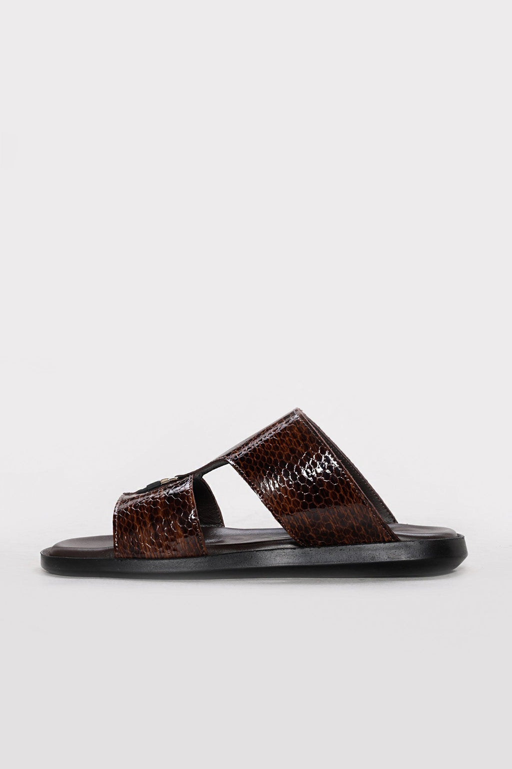 Brown Reptile-Textured Leather Double-Band Slides for Men – detail view