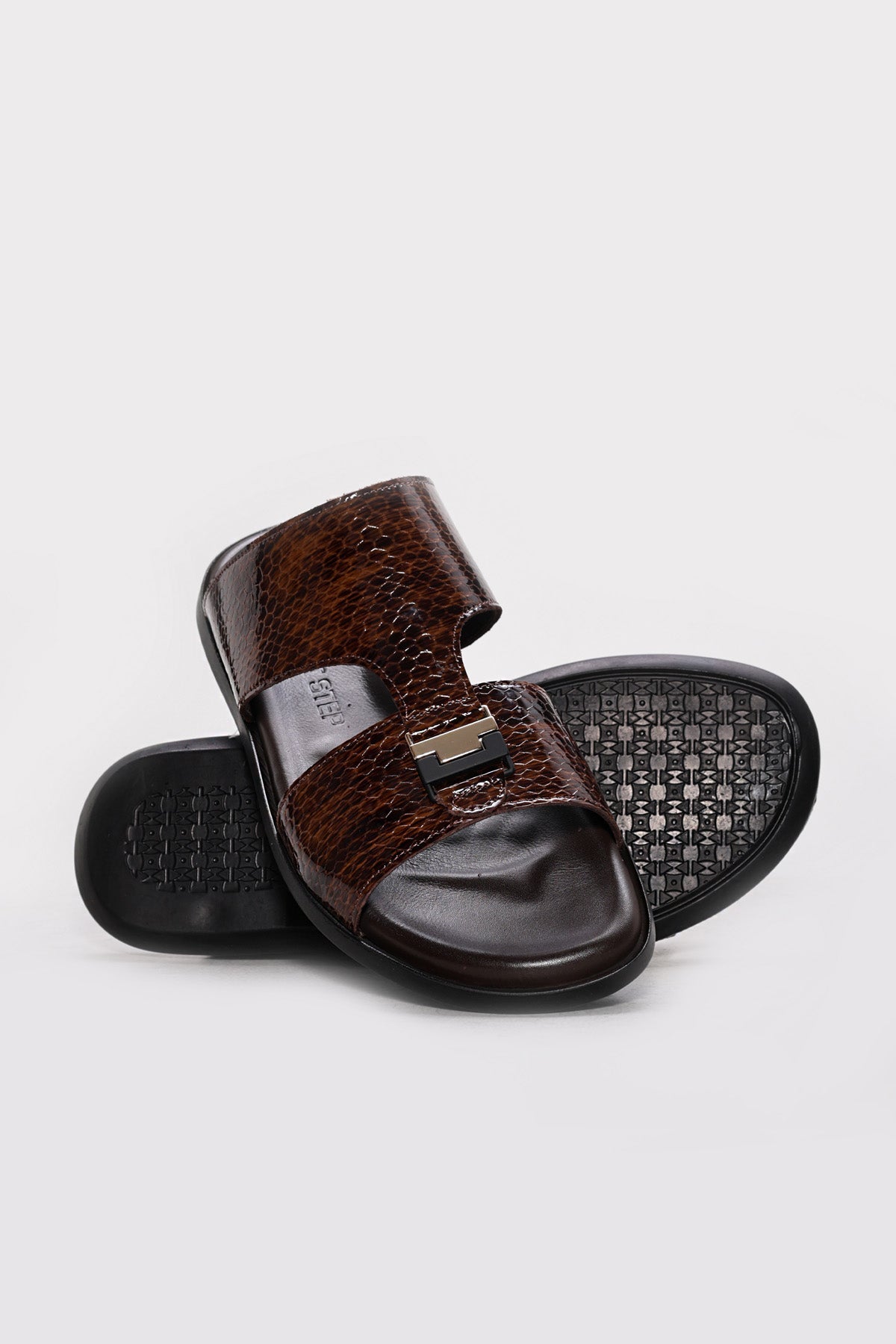Brown Reptile-Textured Leather Double-Band Slides for Men – side view