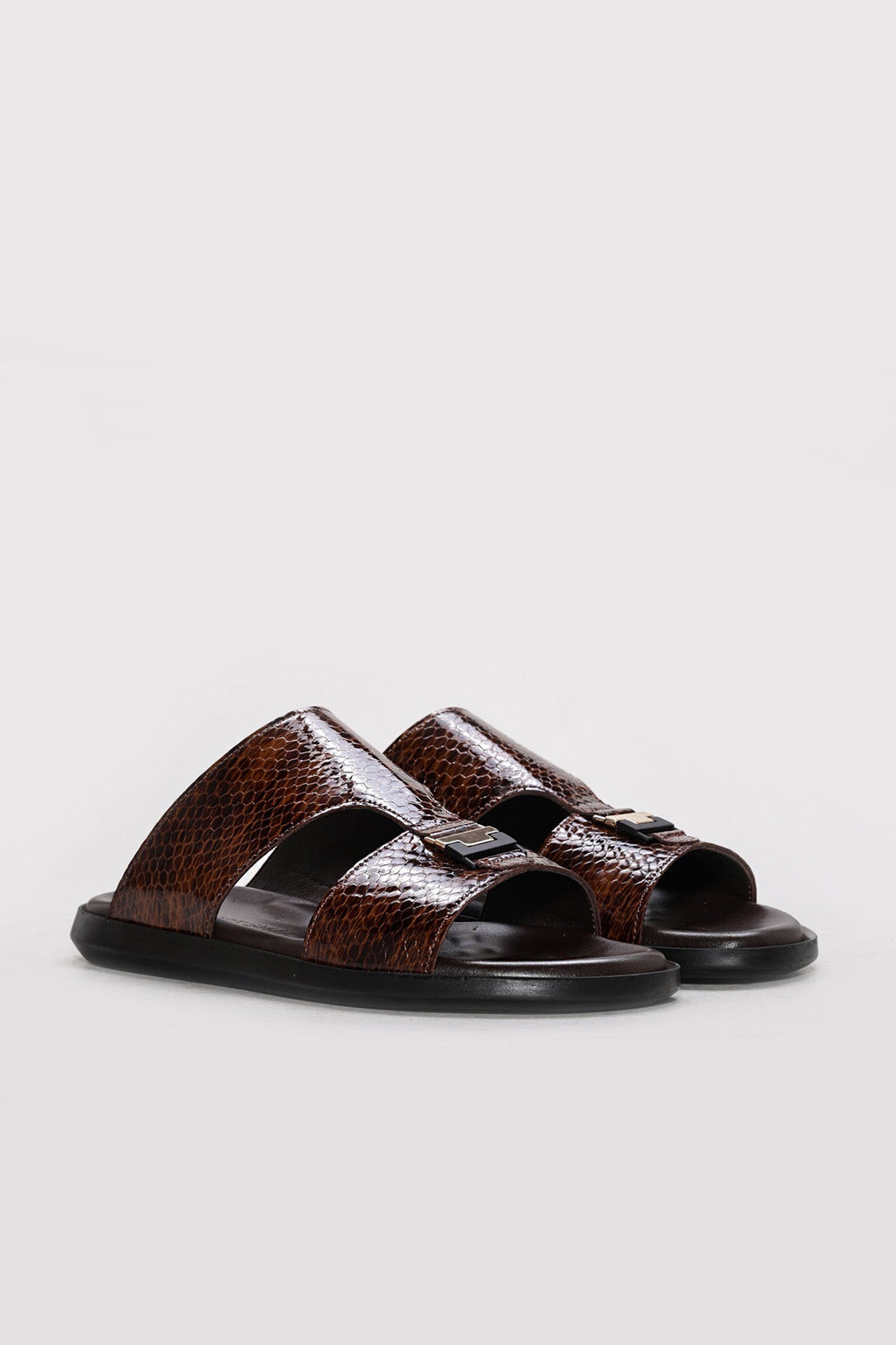 Brown Reptile-Textured Leather Double-Band Slides for Men – styled view