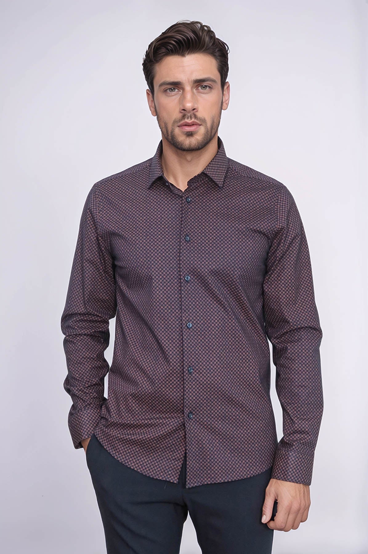 Brown Tiny Check Patterned Slim Fit Shirt – front view