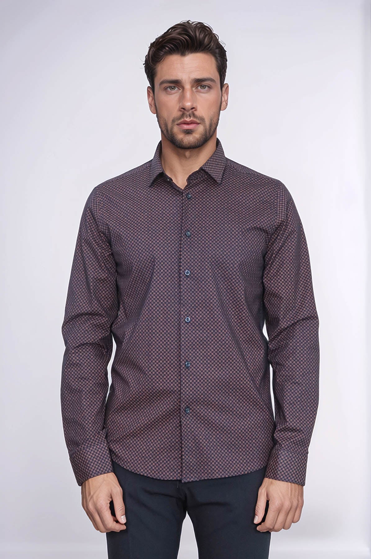 Brown Tiny Check Patterned Slim Fit Shirt – side view
