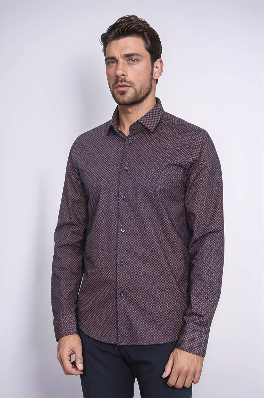 Brown Tiny Check Patterned Slim Fit Shirt – styled view
