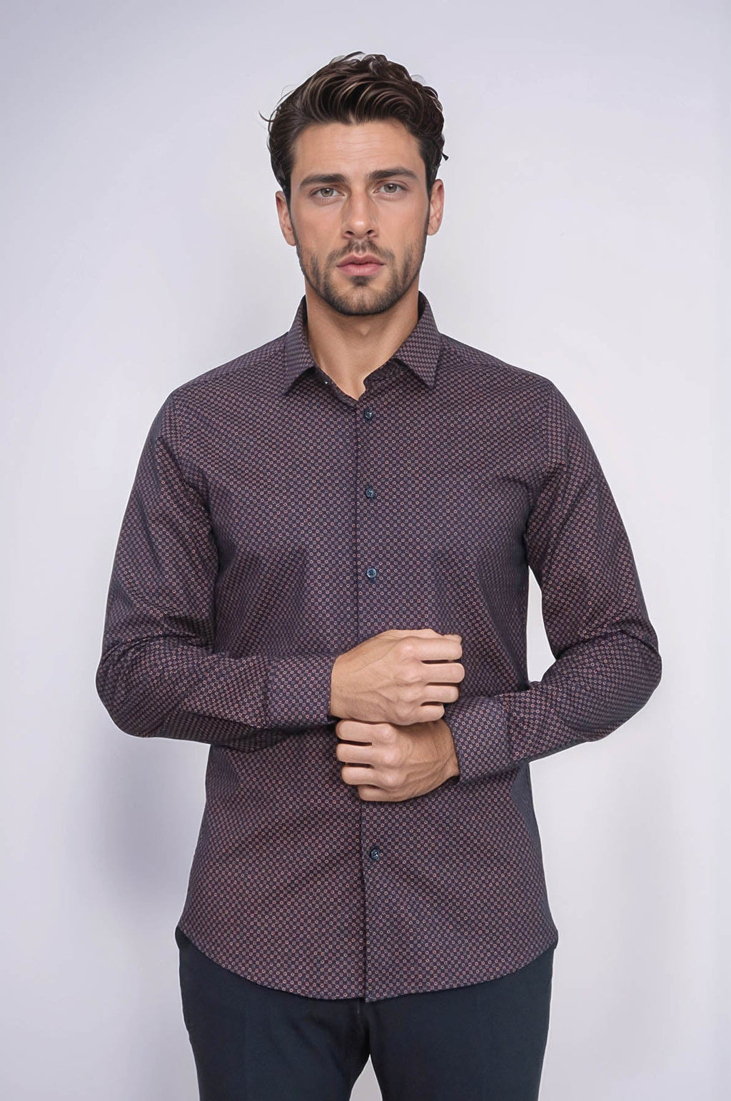 Brown Tiny Check Patterned Slim Fit Shirt – close up view