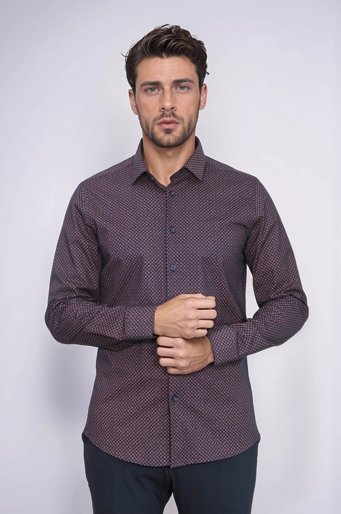 Brown Tiny Check Patterned Slim Fit Shirt – close up view