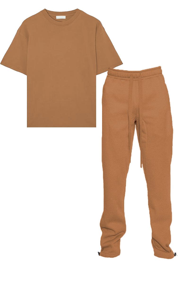 Men's Activewear Brown Tshirt Ankle Toggle Sweatpants Set