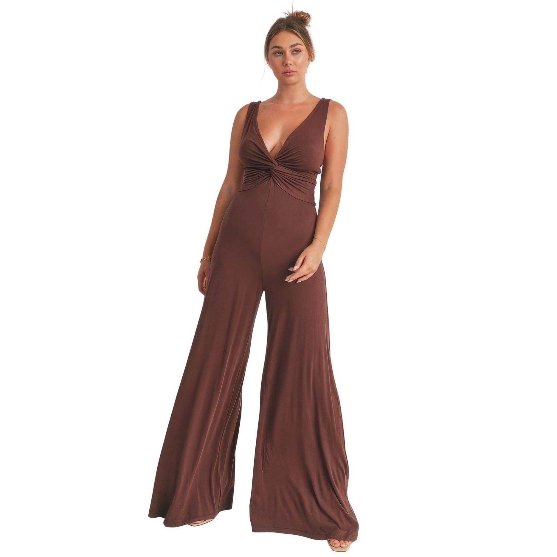 Brown wide leg romper from VacationGrabs featuring a flattering twist detail and elegant design