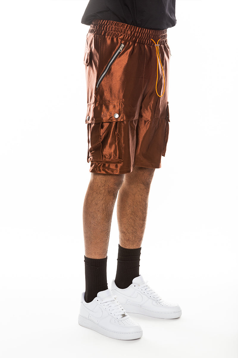 Men's Satin Cargo Shorts with Snap Pockets & Drawstring