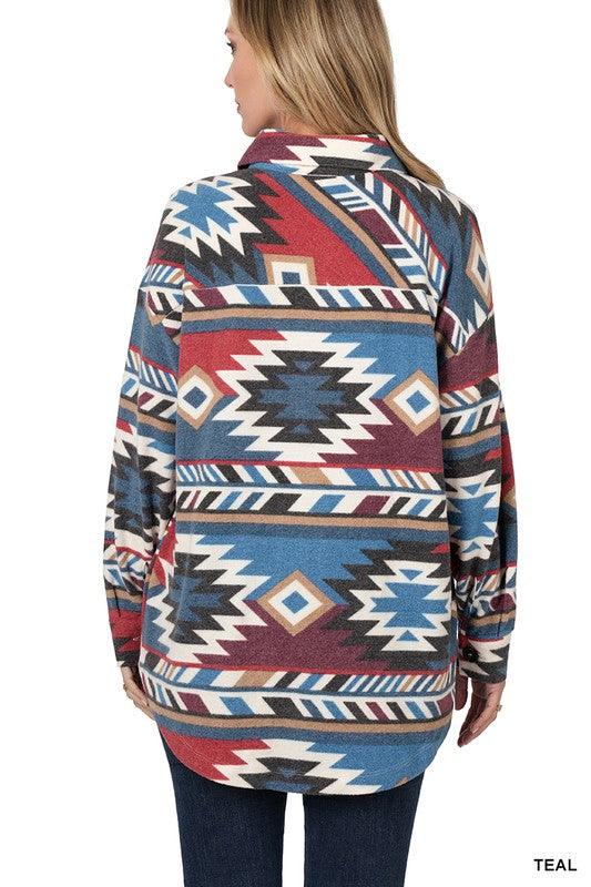 Women's Shirts - Shackets Brushed Aztec Oversized Shacket With Pockets