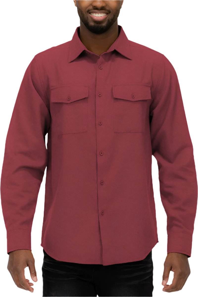 WEIV Brushed cotton mens shirt in burgundy with two chest pockets and long sleeves