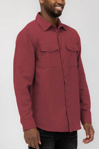 WEIV brushed cotton mens shirt in burgundy with button-up front and two chest pockets