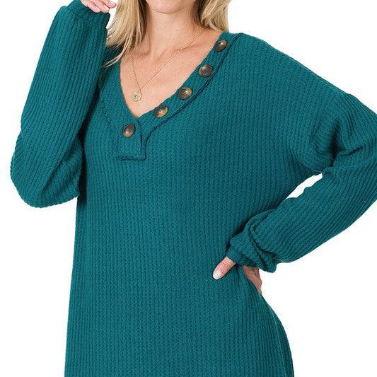 Women's Sweaters Brushed Thermal Waffle Button Detail Sweater