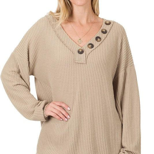 Women's Sweaters Brushed Thermal Waffle Button Detail Sweater