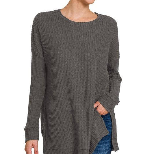 Women's Sweaters Brushed Thermal Waffle Round Neck Sweater