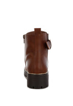Back view of Rag Company brown ankle boots with buckle detail and sturdy sole