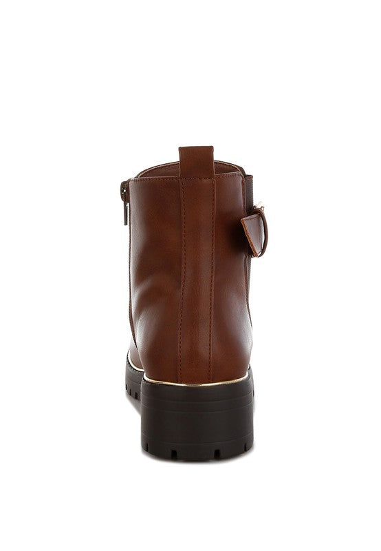 Back view of Rag Company brown ankle boots with buckle detail and sturdy sole