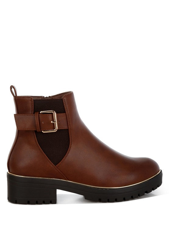 Rag Company buckle detail brown boots with a sleek design and sturdy block heel