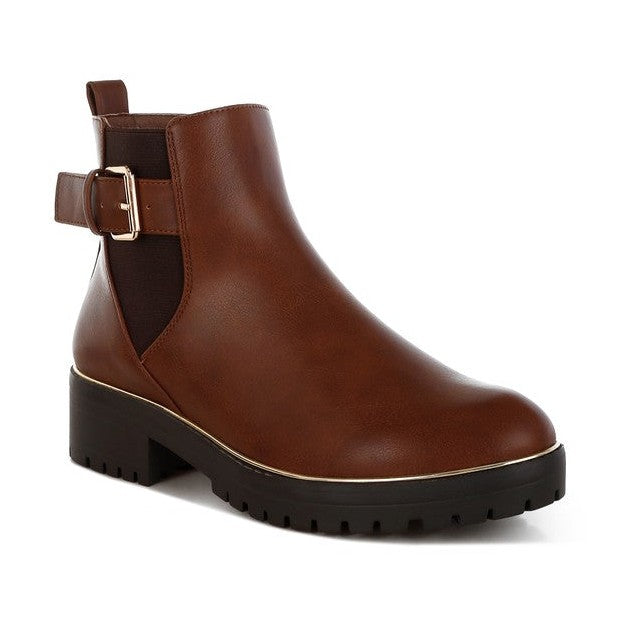 Rag Company buckle detail brown boots with chunky heel and side elastic panels for easy wear