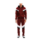 Men's 2PC Burgundy Black White Tracksuit with Hooded Zip Jacket and Pants for Casual Wear