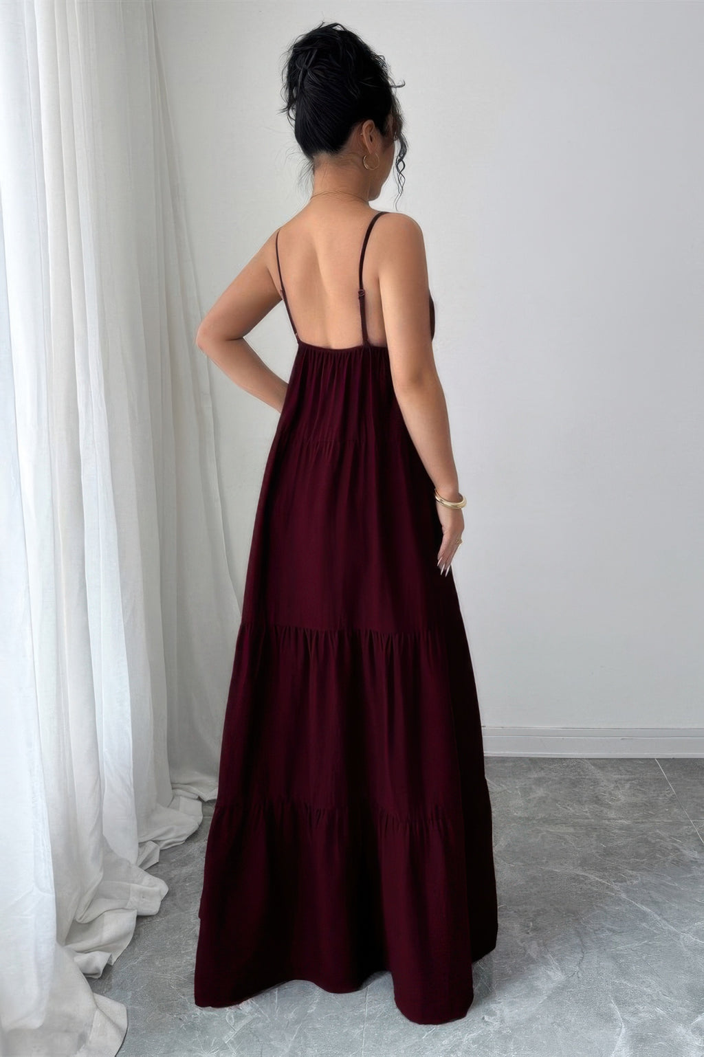 Burgundy sleeveless maxi dress for summer gatherings and events