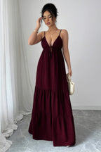 Burgundy halter maxi dress, perfect for elegant summer outings