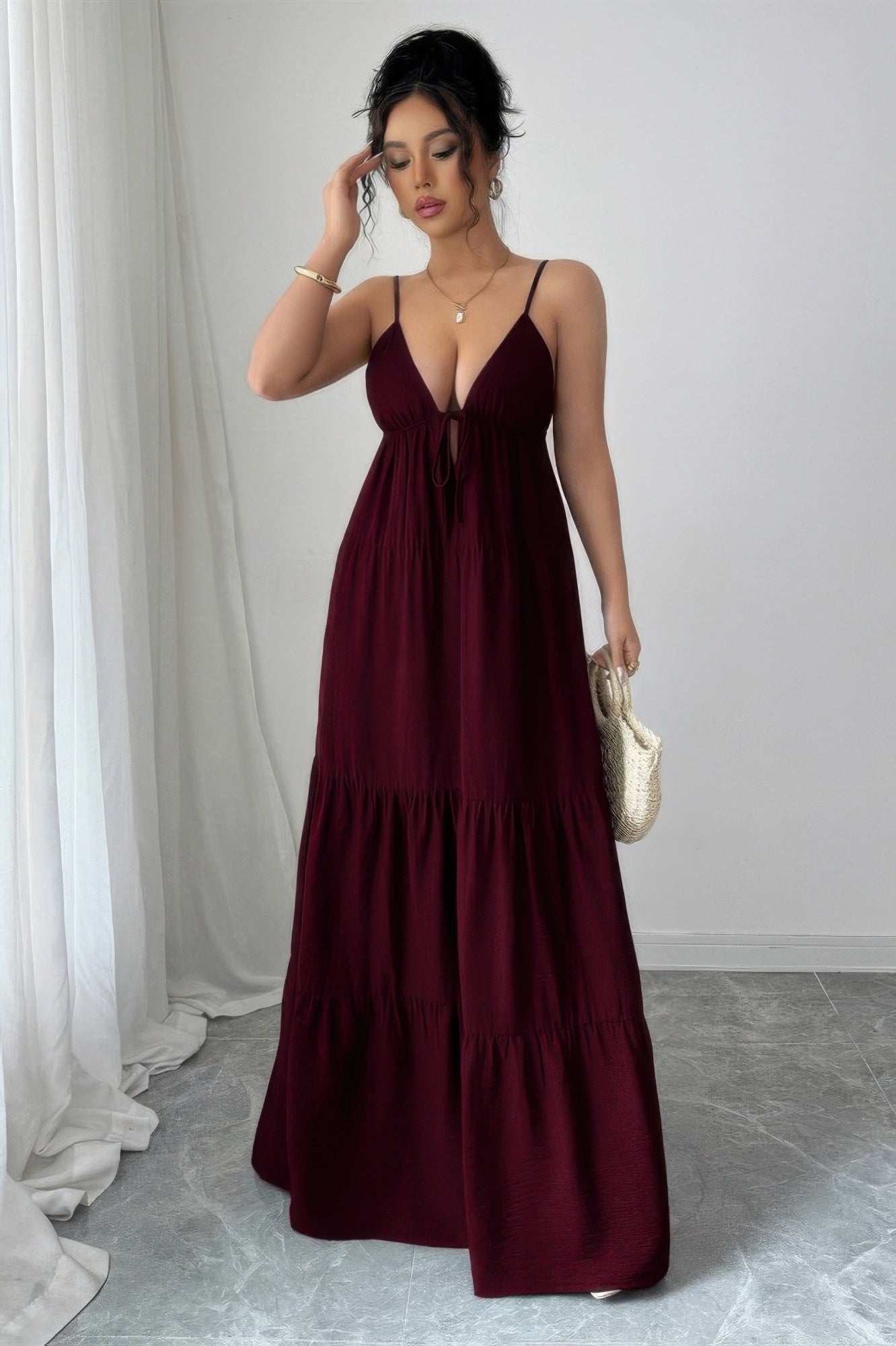 Burgundy halter maxi dress, perfect for elegant summer outings