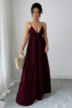 Burgundy tiered maxi dress for summer outings and gatherings